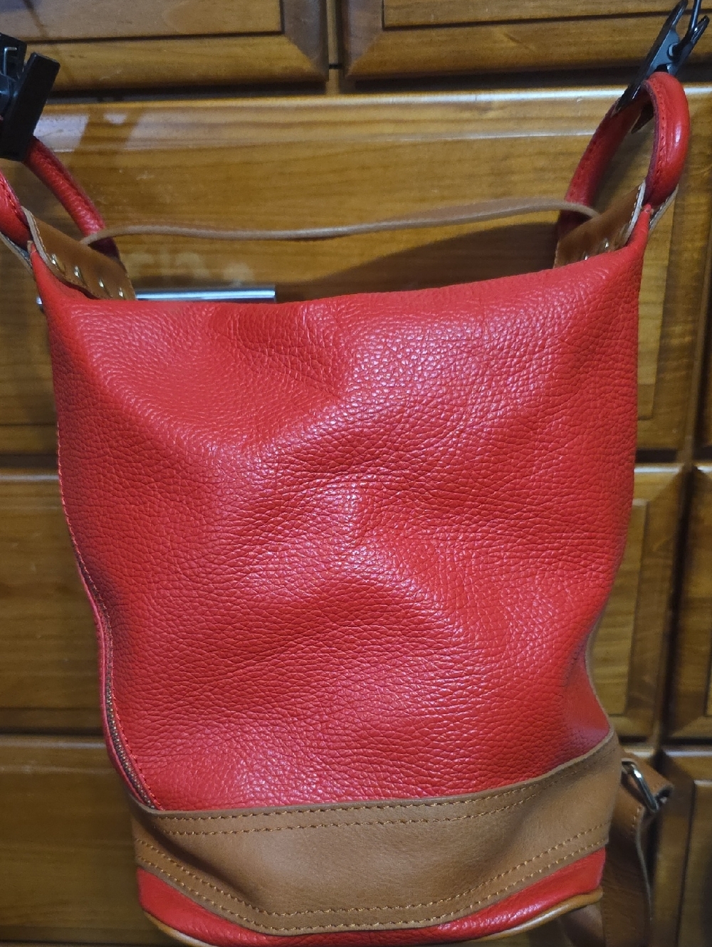 Valentina Red Leather Shoulder Bag with Brown Trim